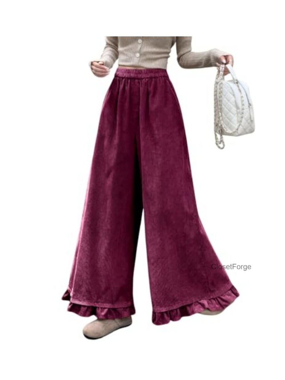 Corduroy Wide Leg Pants Ruffle Hem Elastic Waist